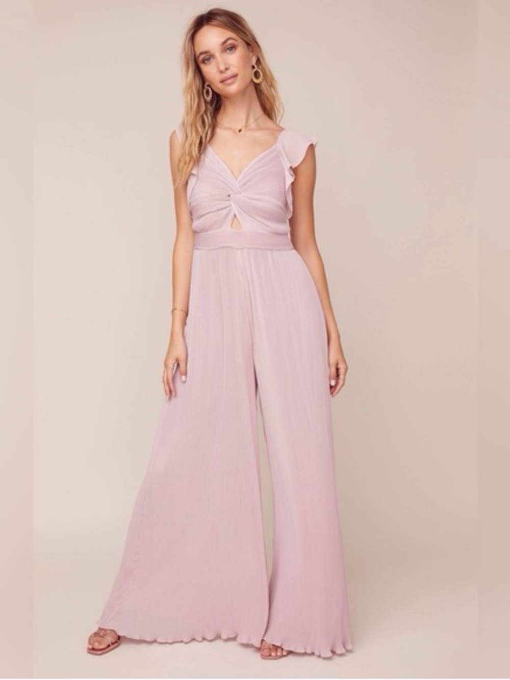 ASTR Women’s Lilac Blush Pleated Wide-Leg Jumpsuit M V-Neck Flutter Sleeve Zip